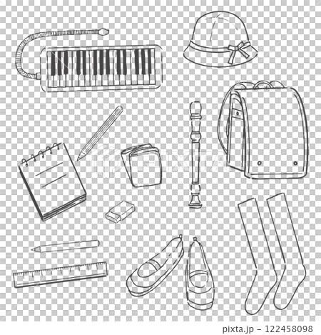 小学校セット手描き線画イラスト 小学校セット手描き線画イラスト 122458098