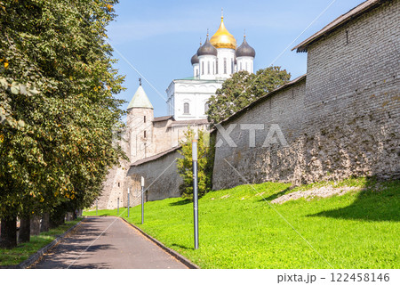 View of the medieval Pskov Kremlin (Krom) in summer. Pskov, Russia 122458146