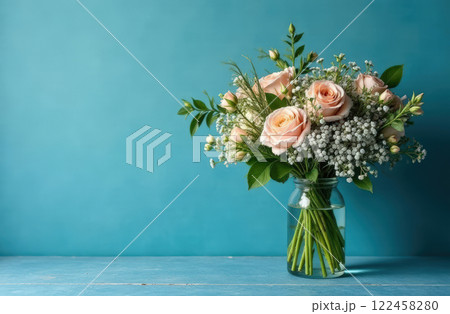 Bouquet of pink flowers in glass vase on blue background with copy space 122458280