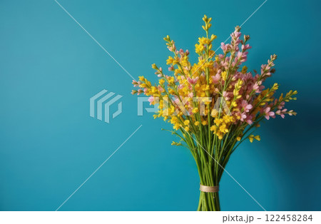 Bouquet of pink and yellow flowers on blue background with copy space 122458284
