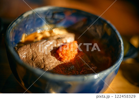 Close up Spicy curry noodles soup with coconut milk and beef 122458329