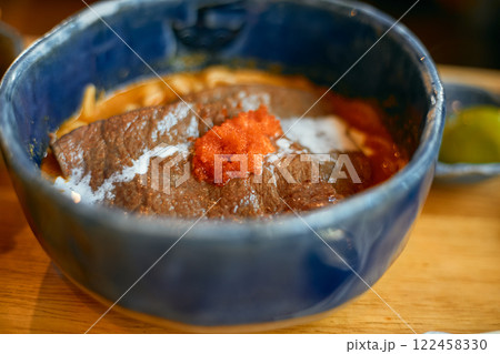 Close up Spicy curry noodles soup with coconut milk and beef 122458330