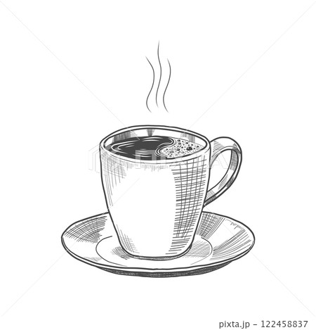 Hand-drawn sketch of steaming cup of coffee on saucer. Design element for cafes, menus, packaging, branding. Black and white graphic vector illustration with hatching isolated on white background. 122458837