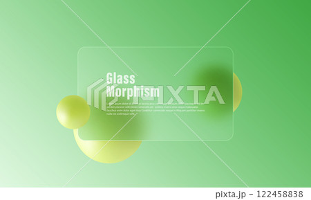 Abstract eco background in glass morphism style. Rectangular frosted glass screen with levitating green spheres. 122458838