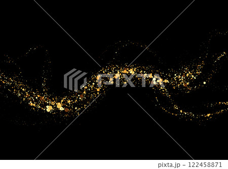Gold sequins texture on black background. Abstract gold colored particles, confetti glitter flow. Festive design element. 122458871
