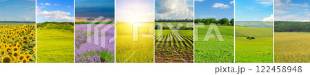 green field and blue sky with light clouds. Collage. Wide photo. green field and blue sky with light clouds. Collage. Wide photo. 122458948