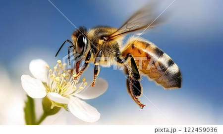 A bee actively gathers pollen from white flowers while flying around blossoming trees in a sunny spring landscape 122459036