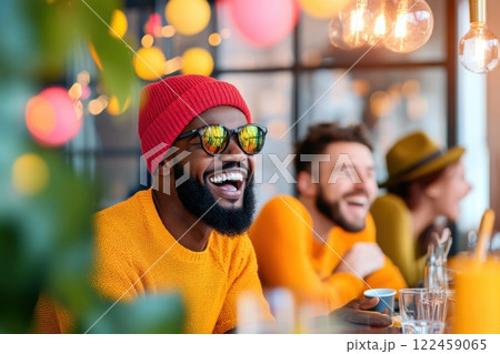 Colleagues share laughter while brainstorming in a bright modern office setting 122459065