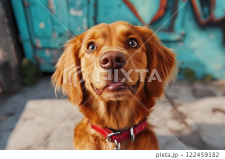 Bright eyed dog eagerly awaits its first walk while leash is being clipped on collar 122459182