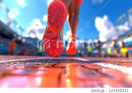 Runner preparing to start race on stadium track with bright sunlight illuminating the scene 122459221