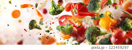 Vibrant flying vegetable stir fry ingredients in a bright kitchen setting 122459297