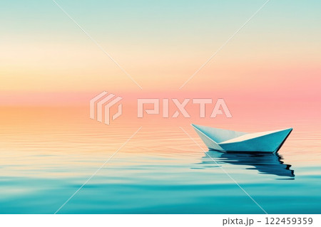 Small paper boat floats gracefully on calm water at sunrise symbolizing new beginnings and journeys 122459359