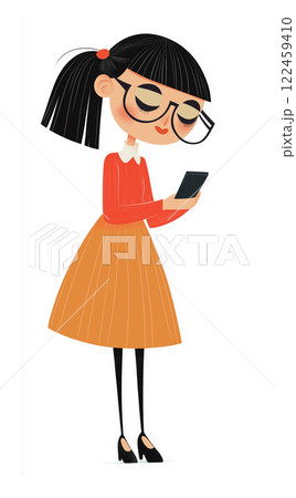 A young, slim woman in a formal outfit stands alone, using her smartphone, deeply focused on texting or scrolling through her device. The tall, elegant professional looks concentrated and pensive, A young, slim woman in a formal outfit stands alone, using her smartphone, deeply focused on texting or scrolling through her device. The tall, elegant professional looks concentrated and pensive, 122459410