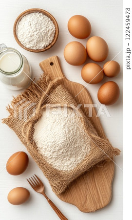 Flour is placed in a stainless steel bowl along with eggs, an oil jar, and a milk jug, all set on a wooden board 122459478