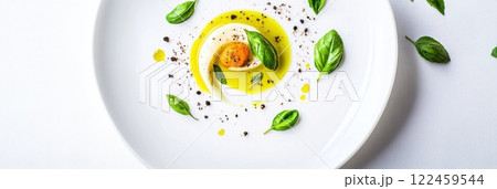 Simple pasta dish with olive oil and basil presented on a bright white plate 122459544