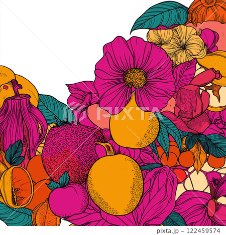 A lush summer garden filled with pink and orange flowers in full bloom, bountiful crops. The colorful and fragrant scene with space for text, creates a beautiful and splendid background. AI-generated 122459574