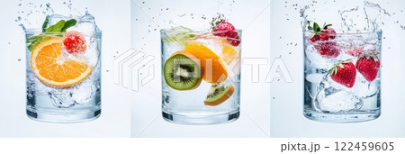 Bright citrus and berry slices create a refreshing splash in clear water 122459605