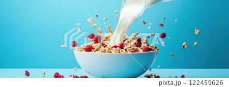 Vibrant moment of milk pouring into cereal with fruit and colorful splashes 122459626