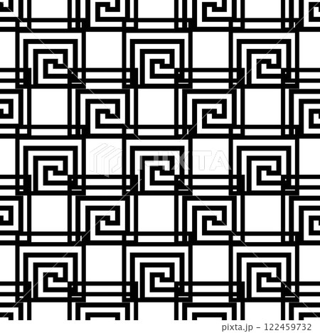 Seamless pattern with black and white geometric ornament. Stylized Greek meander key pattern. Stylized Mediterranean Ceramic, tiles, Patchwork, border, sandblasting. Vector art. Seamless pattern with black and white geometric ornament. Stylized Greek meander key pattern. Stylized Mediterranean Ceramic, tiles, Patchwork, border, sandblasting. Vector art. 122459732
