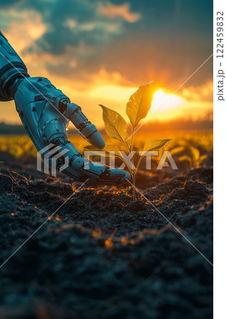 Futuristic hand and seeding at sunset, vertical view of AI robot planting sapling in soil, concept of technology, nature, future, sprout Futuristic hand and seeding at sunset, vertical view of AI robot planting sapling in soil, concept of technology, nature, future, sprout 122459832