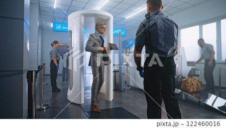 Airport Terminal Checkpoint: Diverse People Walking Through Metal Detector Gates 122460016