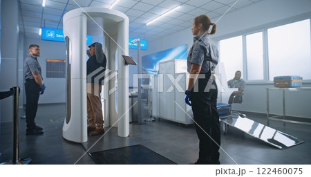 Airport Terminal Checkpoint: Diverse People Walking Through Metal Detector Gates 122460075