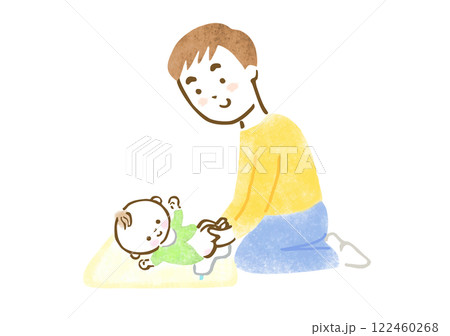 赤ちゃんのおむつ替えをする父親の手描きイラスト 赤ちゃんのおむつ替えをする父親の手描きイラスト 122460268