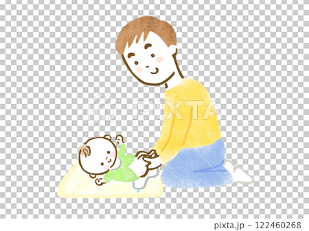 赤ちゃんのおむつ替えをする父親の手描きイラスト 赤ちゃんのおむつ替えをする父親の手描きイラスト 122460268