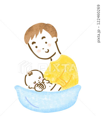 赤ちゃんを沐浴させている父親の手描きイラスト 赤ちゃんを沐浴させている父親の手描きイラスト 122460269