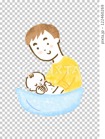 Hand-drawn illustration of a father bathing his baby 122460269