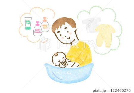 赤ちゃんを沐浴させている父親と小物類の手描きイラスト 122460270