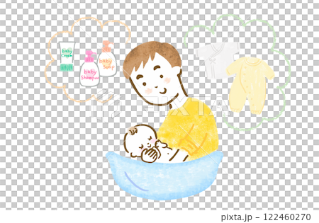 手繪插圖:父親幫嬰兒洗澡及相關配件 手繪插圖:父親幫嬰兒洗澡及相關配件 122460270