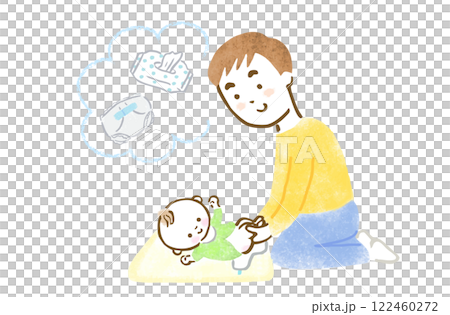 赤ちゃんのおむつ替えをする父親と小物類の手描きイラスト 122460272