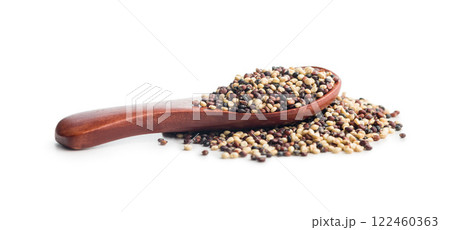 Mixed uncooked quinoa seeds in scoop isolated on white background. 122460363