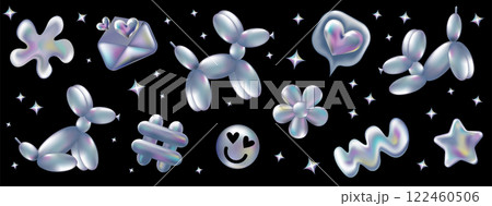 3d holographic retro 90 stickers set. Chrome Ballon Dog, Hashtag, Like, Star, Daisy Flowers, Smile in Y2K style isolated on black. Future galaxy aesthetic, 3D chrome bubble art. Metal glossy art. 3d holographic retro 90 stickers set. Chrome Ballon Dog, Hashtag, Like, Star, Daisy Flowers, Smile in Y2K style isolated on black. Future galaxy aesthetic, 3D chrome bubble art. Metal glossy art. 122460506