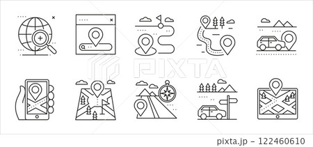 Vector Line Art Location Icons Set. Navigation, GPS, Map, Car, Pointer, Marker, Compass, Phone, Tablet, etc. Digital Wayfinding and Travel Symbols in a vector illustration.. 122460610