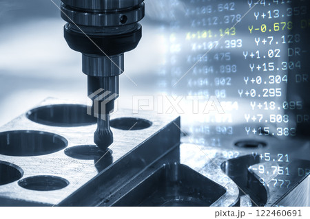 Abstract scene the CNC milling machine chamfer cutting mold base part and G-code data background. 122460691