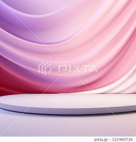 ガラス風の紫の波がある背景と白く丸い展示台が一つある抽象正方形バナー。AI生成画像 122460716