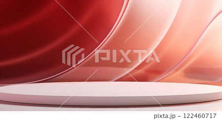 ガラス風のダークレッドの波がある背景と白く丸い展示台が一つある抽象横長バナー。AI生成画像 122460717