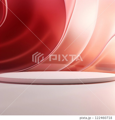 ガラス風のダークレッドの波がある背景と白く丸い展示台が一つある抽象正方形バナー。AI生成画像 122460718