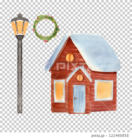 Log house with snow on the roof top, street light, Christmas wreath isolated on white background. High quality architecture watercolor illustration perfect for cards, as a landscape element. Cozy clip 122460858