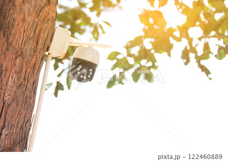 An old yet reliable CCTV camera mounted outdoors, exposed to sun and rain over the years, standing guard to ensure security for homes. A symbol of safety and modern surveillance technology. 122460889