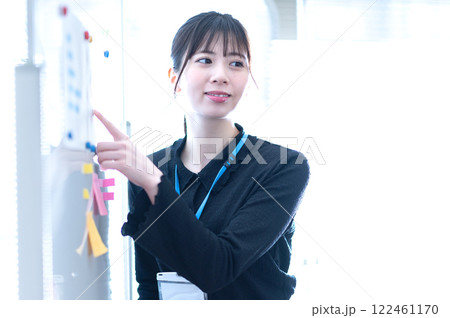 ホワイトボードを使ってプレゼンテーションする若いビジネスウーマン ホワイトボードを使ってプレゼンテーションする若いビジネスウーマン 122461170