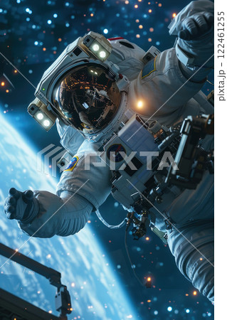 Astronaut floats in outer space outside station or spaceship, man in spacesuit on Earth and stars background. Concept of technology, science, people, discovery, exploration 122461255
