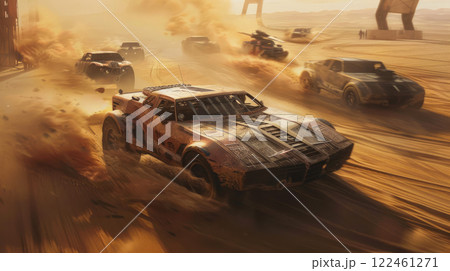 Old car race in desert at post apocalypses, vintage iron vehicle drive fast like fantasy movie. Concept of dystopia, speed, steampunk and apocalyptic future 122461271