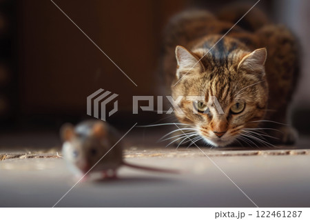 Scary cat hunting to mouse on floor, portrait of domestic predator before pounce, face of pet playing at home. Concept of attack, hunter, animal closeup, food, stalking 122461287