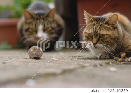Scary cats watches little mouse outdoor, funny pets hunting at backyard. Concept of humor, food, pounce, animal, Scary cats watches little mouse outdoor, funny pets hunting at backyard. Concept of humor, food, pounce, animal, 122461289