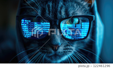 Funny hacker cat works at computer in dark room, cyber data reflected in glasses. Concept of ransomware, technology, hack, animal, humor, scam, crime and virus 122461296