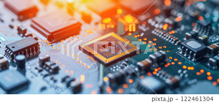 Chips in circuit board, automated assembly of pcb at semiconductor plant. Light of machine line in computer factory. Concept of technology, industry, production, microchip 122461304