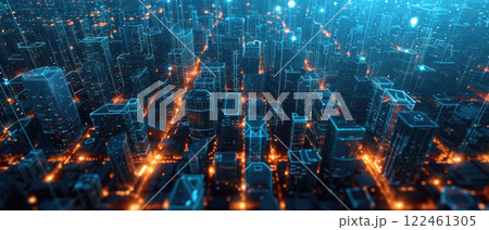 Aerial view of abstract smart city at night, modern buildings with network digital lines, tech background. Concept of cyber technology, connect, iot, future, energy. Aerial view of abstract smart city at night, modern buildings with network digital lines, tech background. Concept of cyber technology, connect, iot, future, energy. 122461305